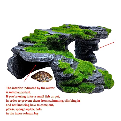 M2cbridge Reptile Hide Resting Step Ledge Cave Hideout Turtle Basking Platform – Great for Reptiles, Amphibians, and Fish (Moss Step Ledge B) - style: Moss Step Ledge B