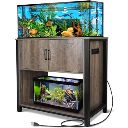 Beuruku 40 Gallon Aquarium Stand with Cabinet & Power Outlets, Heavy Duty Metal Stand for 40-50 Gallon Breeder & Turtle Tanks, Double Terrarium Stand, 660LBS Capacity, Grey - color: Grey, size: 40-50 Gallon