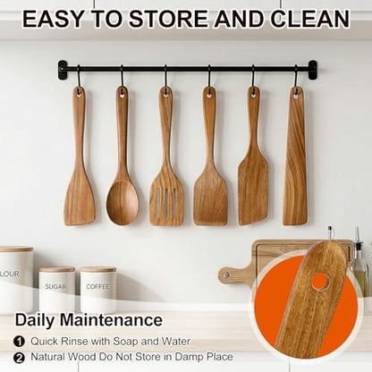 6 Pack Acacia Wood Spatula Set Non Toxic Kitchen Utensils for Cooking Spoon Flat Wooden Wok Spatula Spurtle Kitchen Tools Slotted Turner Scraper Bamboo Cooking Utensil Set Fish Egg Flipper Spatulas - color: 6Pcs-Utensils