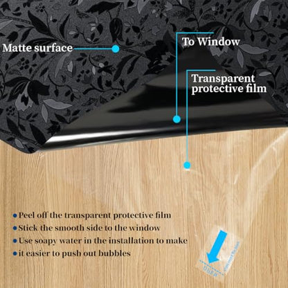 Bloss Blackout Window Privacy Film, 100% Sun Blocking Privacy Cover for Glass, Removable Room Darkening Black Out Window Tint, Static Cling Frosted Glass Film (Black/Tulip, 29.5" x 78.7") - color: Black - Tulip, size: 29.5 x 78.7 Inch