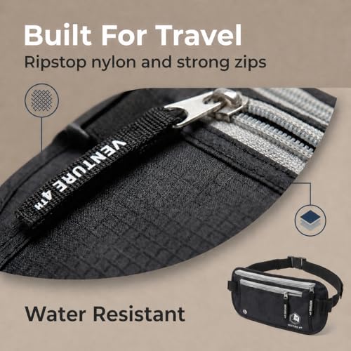 VENTURE 4TH RFID Money Belt for Travel with RFID Blocking Sleeves – Slim Hidden Travel Wallet & Passport Holder for Men & Women, Lightweight Anti-Theft Pouch to Protect Cash, Cards & Documents - Black - color: Black