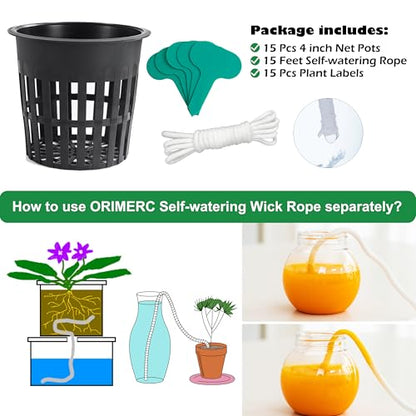 ORIMERC 4 inch 15 Pack Net Cups Pots, with 15 feet Self Watering Rope, 15 Plant Labels, for Hydroponics Aquaponics Kratky Orchid Vegetable Indoor Outdoor Growing Baskets Nursery Slotted Mesh BPA Free - size: 4 inch (15 Pack)