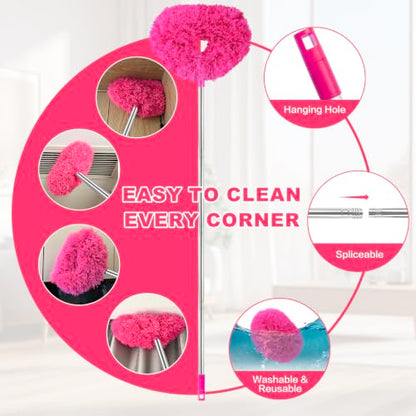 Ceiling Fan Cleaner Duster Reusable Microfiber Ceiling Fan Blade Cleaner Removable Duster with Extension Pole Adjusts 13 to 49.7 Inch for Cleaning Walls Bookshelves Furniture Door Window Top (Rosy) - color: Rosy