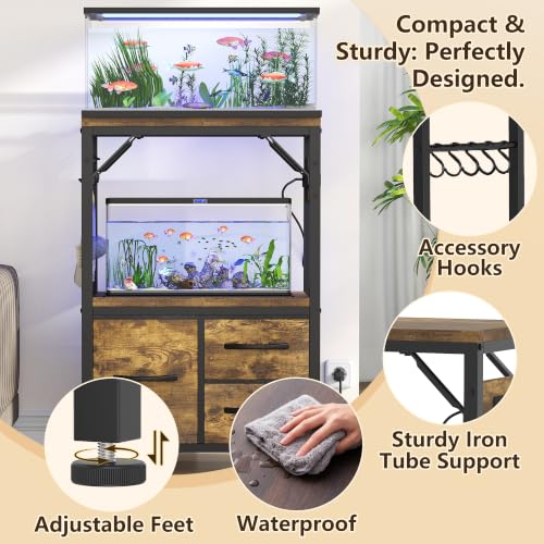 Heybly 5-10 Gallon Fish Tank Stand, Aquarium Stand with Drawer, Power Outlet, Heavy Duty Metal Frame, for Fish Tank, Turtle & Reptile Terrarium, 20.5" × 10.2" Top, 200lbs, Rustic Brown HAS002SSR-1 - color: Rustic Brown, size: 5-10 gal