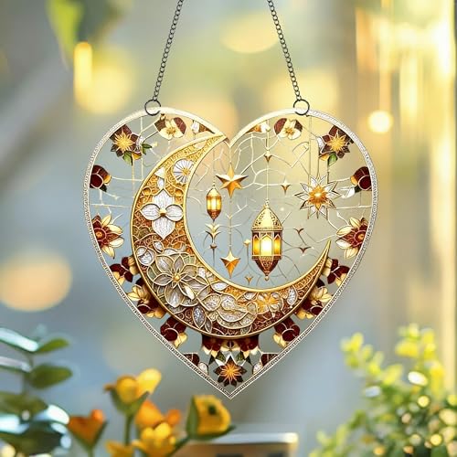 Heart Shaped Crescent Moon Lantern Floral Acrylic Suncatcher with Hanging Chain, Islamic Style Window Decor for Home, Patio, Garden,Ideal Present for Ramadan, Eid, Wedding, Housewarming/YX-45