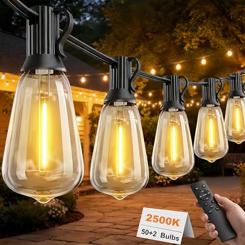 100FT Remote Outdoor String Lights for Outside, 50+2 LED Waterproof Shatterproof Edison Dimmable Timer Bulbs, 2500K Warm White Patio Lights for Garden Backyard Yard Hanging Lighting - size: 100FT