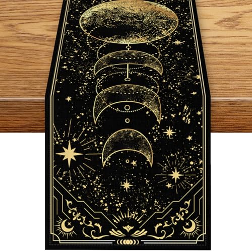 Moon Phase Table Runner, Gothic Boho Sun Moon Stars Magical Witchy Mystical Astrology Celestial Hippie Black Coffee Table Center Decor for Family Kitchen Holiday Party Table Decorations, 13"x36" - color: Sun Moon-4, size: 13“ X 36"