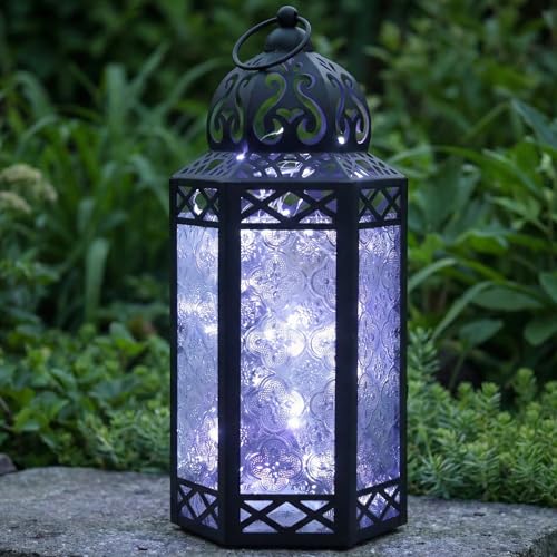 Vela Lanterns Decorative Indoor Fairy Light Candle Holder, Clear, L | Ramadan & Eid Decor, Fantasy Wedding Centerpieces, Moroccan Metal Hanging Flameless LED Lamp, Outdoor Porch Patio, 12" Tall - color: Black/Clear, size: Large