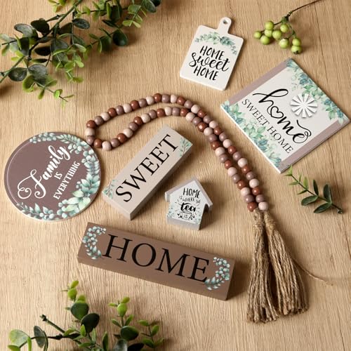 Yousoontic 7 Pcs Home Sweet Home Wooden Table Decorations, Farmhouse Tiered Tray Decor Rustic, Wood Block Signs Table Centerpieces Bead Garland for Kitchen Tabletop Housewarming - style: Home Sweet Home