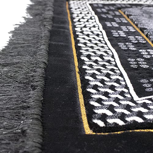 Modefa Turkish Islamic Velvet Prayer Rug - Thick Wide Soft Praying Carpet for Men & Women - Double Plush Large Janamaz - Eid & Ramadan Gift - with Kufi Beads & Car Hanger - Geometric Noor - Black - color: Black