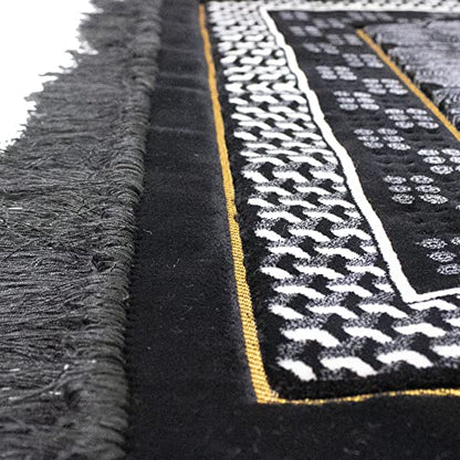 Modefa Turkish Islamic Velvet Prayer Rug - Thick Wide Soft Praying Carpet for Men & Women - Double Plush Large Janamaz - Eid & Ramadan Gift - with Kufi Beads & Car Hanger - Geometric Noor - Black - color: Black