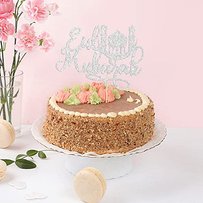 1 Pack Eid Mubarak Cake Topper Silver Glitter Moon Star Hajj Mubarak Eid Cake Picks Islamic Muslim Eid Mubarak Festival Ramadam Kareem Party Cake Decorations Supplies - color: Silver-4