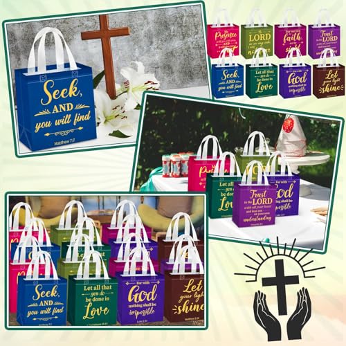HunnmingRe Christian Gift Bags Bulk, Reusable Flower Religious Bible Verse Tote with Handles Non Woven Scripture Pastor Blessing Gift for Baptism Church Wedding Favors(32 Pcs,Mixed) - style: Mixed