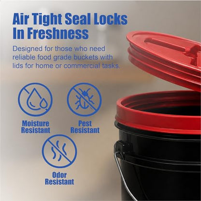 5 Gallon Bucket - Food Grade w/Lid BPA-Free, Black/Red, 6 | Airtight Gamma Seal Screw-On Lid, Heavy-Duty 90 Mil HDPE Plastic, Food Safe and Durable Container, Bulk Storage, Made in USA - color: Black/Red, size: 6 Packs