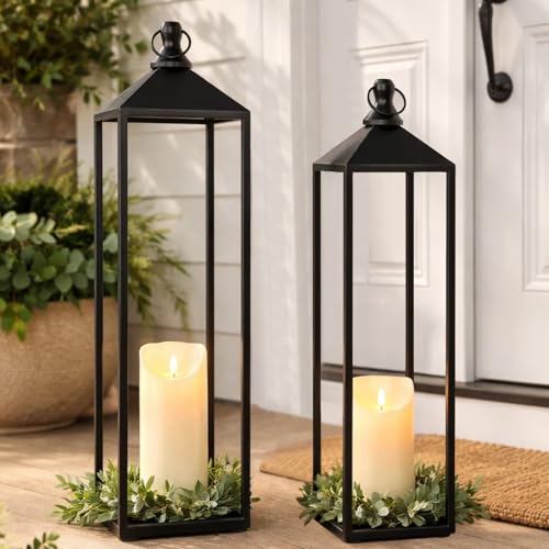 22'' 19'' Large Lanterns Decorative Outdoor Indoor, Set of 2 Black Metal Candle Lanterns Modern Farmhouse Floor Lanterns Decorative for Home Decor, Mantle, Fireplace, Patio, Porch, Garden - color: Black, size: 22in and 19in
