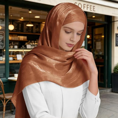 Premium Hijab Head Scarf for Women Lightweight Shimmer Hijab Head Wrap Scarves Crepe Satin Scarf Shawl Wrap - color: Pumpkin