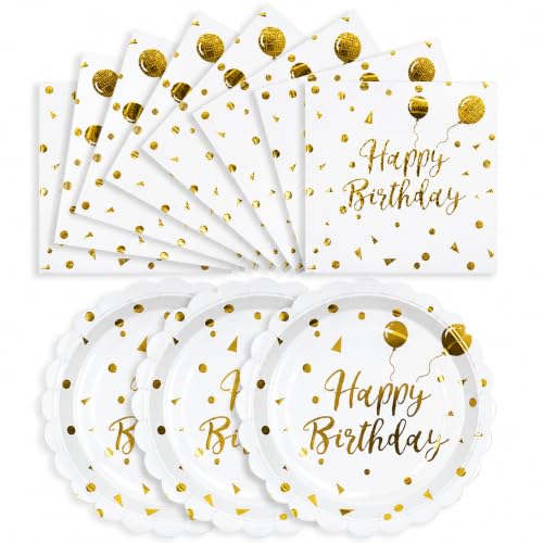 Happy Birthday Paper Plates and Napkins, White and Gold, 7 Inch, 50PCS - color: White and Gold
