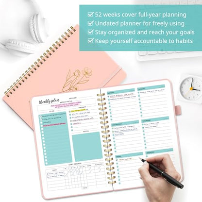 Undated Weekly Planner, Weekly To Do List Notebook with Goal & Habit Tracker Organizer, A5 Weekly Planner Notebook with Spiral Binding, 6.1" x 8.2" - Rosy - color: c.Rosy