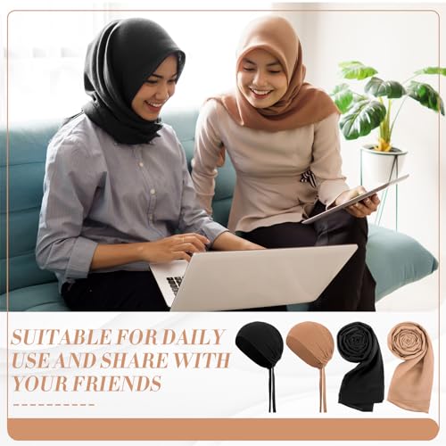 4 Pcs Women Solid Chiffon Hijab Scarves and Undercap Set Long Shawl Soft Wrap Scarves Muslim Inner Hijab Caps - color: Black, Khaki
