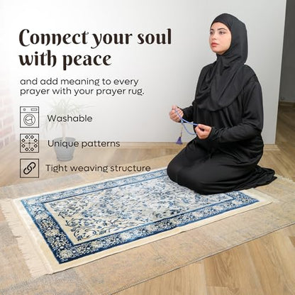 Velvet Muslim Prayer Rug Set with 99 Beads - Blue - color: Blue