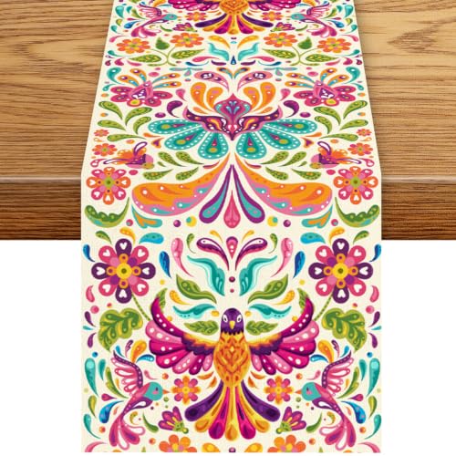 Mexican Table Runner, Rustic Colorful Mexico Fiesta Dia De Los Muertos Floral Birds Day of The Dead Boho Coffee Table Center Decor for Kitchen Dining Holiday Home Party Table Decorations, 13"x36" - color: Mexican-3, size: 13“ X 36"