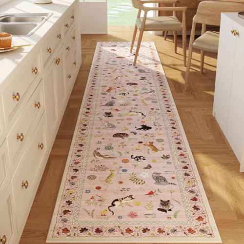 Rugcomf Runner Rug 2x10 Washable Non Slip Floral Animal Cat, Pink - color: Pink/Cat, size: 2' x 10' (Rectangular)