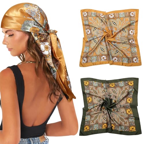 AWAYTR 35” Large Satin Square Head Scarf - 2Pcs Silk Like Floral Head Scarves Square Satin Hair Scarf Bandanas for Women - color: Cashew(yellow+green)