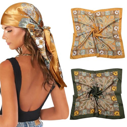 AWAYTR 35” Large Satin Square Head Scarf - 2Pcs Silk Like Floral Head Scarves Square Satin Hair Scarf Bandanas for Women - color: Cashew(yellow+green)