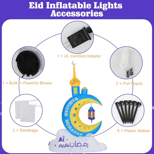 Lewondr 8.20FT Outdoor Inflatable Ramadan Moon Decorations,Waterproof Inflatable Eid Mubarak Decor,Blow Up Muslim Holy Celebration Decor with LED Lights,Muslim Holidays Inflatable for Yard,Blue Moon - style: Blue Moon