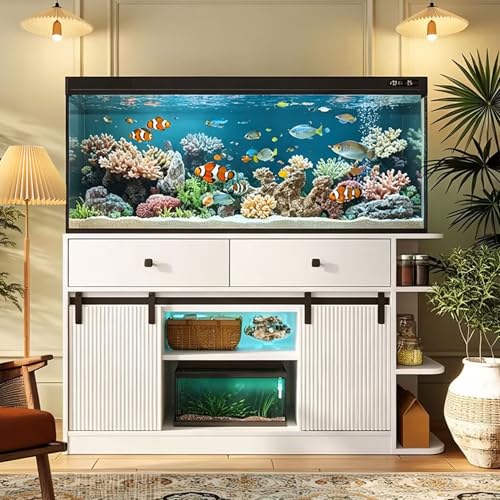 55-75 Gallon Aquarium Stand with Power Outlet & LED Light, Heavy Duty Fish Tank Stand with Sliding Barn Doors, Storage Cabinet for Turtle Tank & Reptile Terrarium, 1200LBS (White-2) - color: White-2