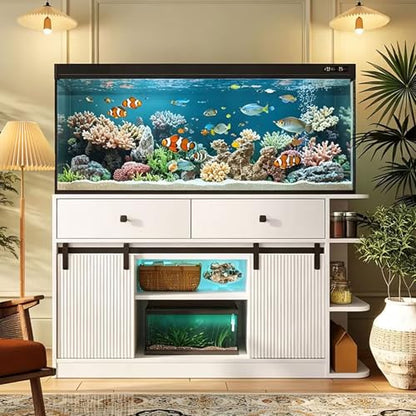 55-75 Gallon Aquarium Stand with Power Outlet & LED Light, Heavy Duty Fish Tank Stand with Sliding Barn Doors, Storage Cabinet for Turtle Tank & Reptile Terrarium, 1200LBS (White-2) - color: White-2