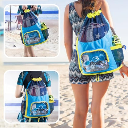 Mesh Drawstring Backpack with Shoe Compartment, Sandproof Beach Swim Bag with Wet Pocket, Pool Gym Shower Bag for Travel Summer Camp - color: Blue - Neon Yellow, style: Style a