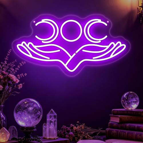 Hand to Moon Neon Sign Bohemian Lunar Indoor Wall Decor-18.9" x 9.9"-Purple - color: Moon-Purple