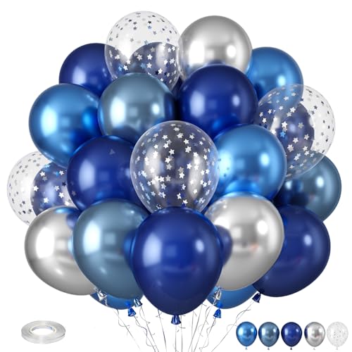 Blue Silver Balloons, Pearl Navy Balloon Metallic Light Blue and Silver Balloons, Star Confetti Party Latex Blue Balloon for Birthday Graduations Baby Shower Wedding Retirement Decorations - color: Blue Silver Confetti