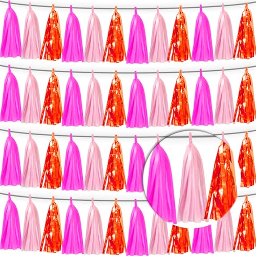 4P Hot Pink Orange LightPink Tassel Banner Garland Foil Fringe Tinsel Streamer Banner Backdrop for Parade Floats, Wall Hanging Curtain Parade Floats, Graduation Decorations, Wedding Party Decoration - color: Hot Pink Orange LightPink