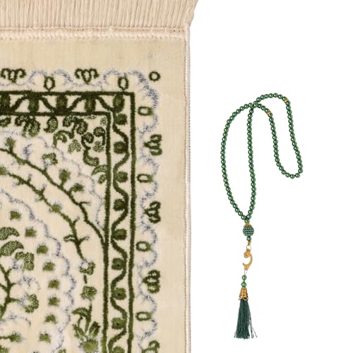 Velvet Muslim Prayer Rug Set with 99 Beads - Green - color: Green