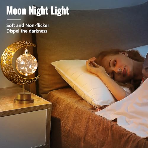 Crescent Moon Table Lamp Metal Frame Ramadan Lights Ball LED Night Light Magic Hanging Moon Lamp Decor for Home Bedroom Bedside Desktop