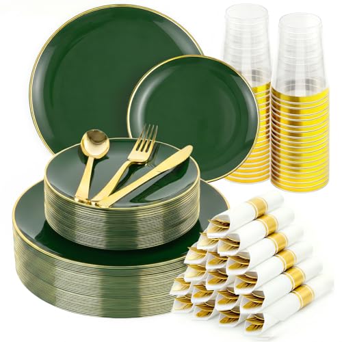 350pcs Plastic Dinnerware Set Green and Gold for 50 Guests - color: Green, size: 350pcs（50guests）