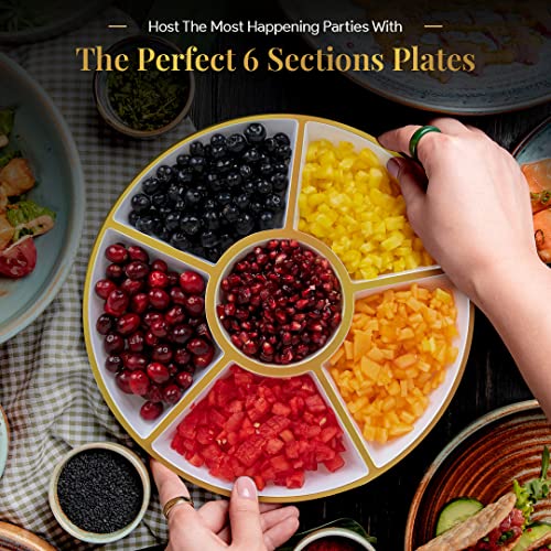 R-kay 4 Pack, 6 Sectional White Plastic Serving Trays For Party With Gold Rim - Heavy Duty Gold Party Trays For Serving Food - 12 Inch Platters - color: White And Gold