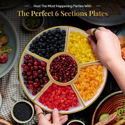 R-kay 4 Pack, 6 Sectional White Plastic Serving Trays For Party With Gold Rim - Heavy Duty Gold Party Trays For Serving Food - 12 Inch Platters - color: White And Gold