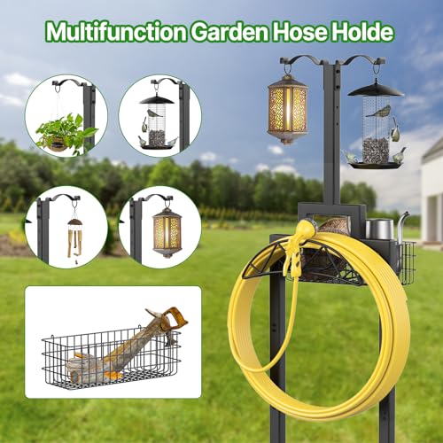 Garden Hose Holder, Water Hose Holders for Outside with Storage Basket & 2 Shepherds Hooks, Detachable Garden Hose Holder Freestanding, Heavy Duty Hose Holder Supports 150ft Hoses