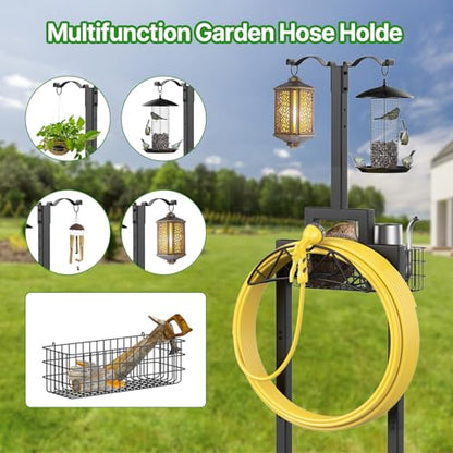 Garden Hose Holder, Water Hose Holders for Outside with Storage Basket & 2 Shepherds Hooks, Detachable Garden Hose Holder Freestanding, Heavy Duty Hose Holder Supports 150ft Hoses