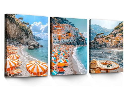 LANZHENZHENART 3Pcs Amalfi Coast Wall Art Italy Beach Picture Canvas Painting Prints For Home Dining Room Living Room Wall Decor Poster Artwork(16" x 24" x 3 Panels Framed) - color: White 10, size: (16" x 24" x 3 Panels Framed)