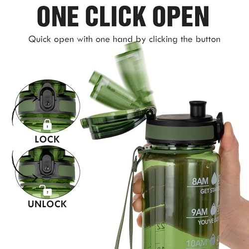 OLDLEY Water Bottle 32oz, Durable and Leakproof Water Bottles Motivational with Time Marker, Tritan, BPA Free, Wide Mouth, Gym, Travel, Home, School, Office, Olive - color: Olive