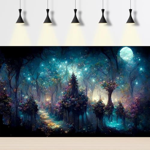 Fairy Tale Eden Aquarium Background Fantasy Trees Various Flowers Fish Tank Background Misty Night Sparking Stars Moon Terrarium Backgrounds Stunning Flowers Scene Reptile Tank Backgrounds 24x16in - color: Purple_Blue, size: 24(W)x16(H)in