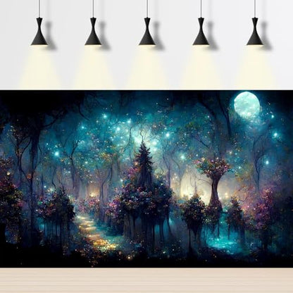 Fairy Tale Eden Aquarium Background Fantasy Trees Various Flowers Fish Tank Background Misty Night Sparking Stars Moon Terrarium Backgrounds Stunning Flowers Scene Reptile Tank Backgrounds 24x16in - color: Purple_Blue, size: 24(W)x16(H)in
