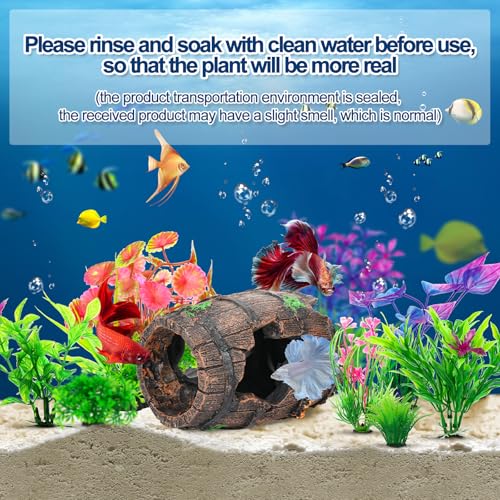 Fish Broken Barrel Decor Fish Tank Decorations Betta Fish Tank Accessories,Starfish Barrel x 1pc, Aquarium Plants x 8pcs - size: 9 Pcs
