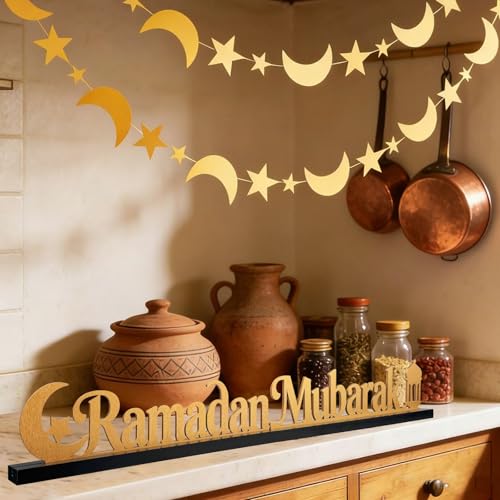 22 Inch Ramadan Mubarak Table Decor Wooden Ramadan Mubarak Sign Islamic Tabletop Centerpiece Eid Mubarak Decoration for Home Indoor Ramadan Party Desktop Display