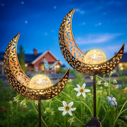 2Pack Moon Garden Gifts Solar Lights Outdoor Stakes Waterproof, Gifts for Mom, Crackle Glass Backyard Decor Balcony Lawn Ornaments, for Women Men Grandma (Bronze) - color: Bronze Moon 2Pack
