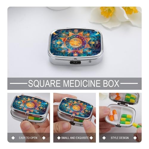 Mysterious Mandala Square Pill Box Metal 2.2x1.6 Inch,Medicine Storage Case Compact Travel Pill Organizer Pocket Pill Container for Daily Medication Vitamins Pills - color: Mysterious Mandala
